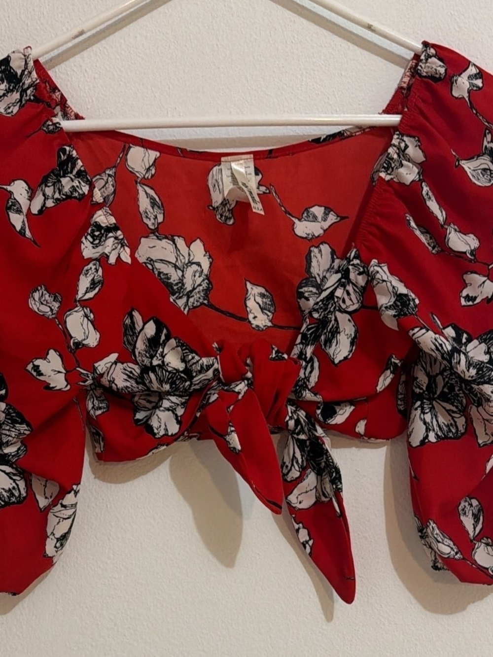 Red Floral Tie-Front Women's Top